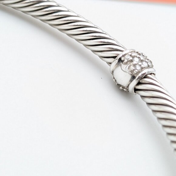 DAVID YURMAN 4MM Sterling Silver Diamond Single Station Barrel Bracelet 7 Inch - Picture 6 of 8